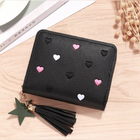 Handbags - Tassel Decor Small Wallet in Black with Multi Color Heart Designs. NEW!